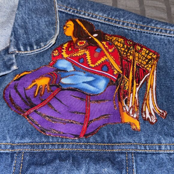 Venezia Jean Jacket size 14 / 16 asian design patches like new women - I1297 - Picture 3 of 13
